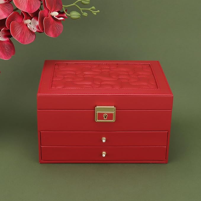 DesignSter Jewelry Box,Jewelry Organizer with 2 Drawers, 3 Layers Leather Jewelry Storage Box with Lock, Jewelry Storage Case for Necklaces Earrings Bracelets and Rings(Red)