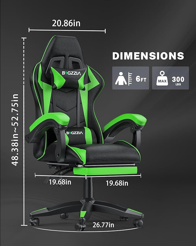 Gaming Chair with Footrest, High Back Ergonomic Computer Gamer Chair with Headrest and Lumbar Support, Racing Style Reclining Game Chair for Adults, Kids (Green-Black)