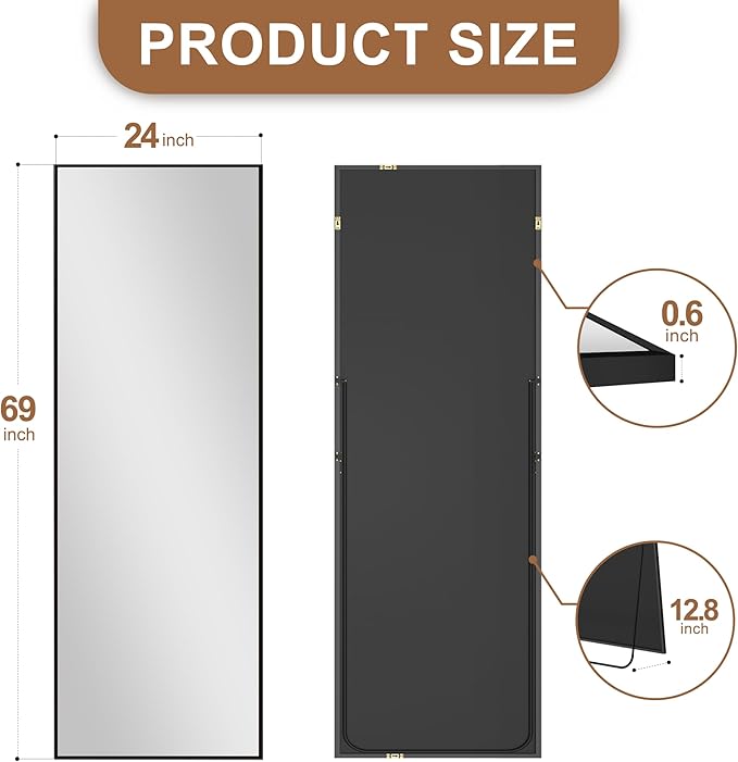 Delma Full Length Standing Mirror,Large Floor Mirror with Aluminum Frame for Bedroom, Bathroom, Living Room,Wall Mount or Freestanding Design(with Stand,Rect 69x24-Black)