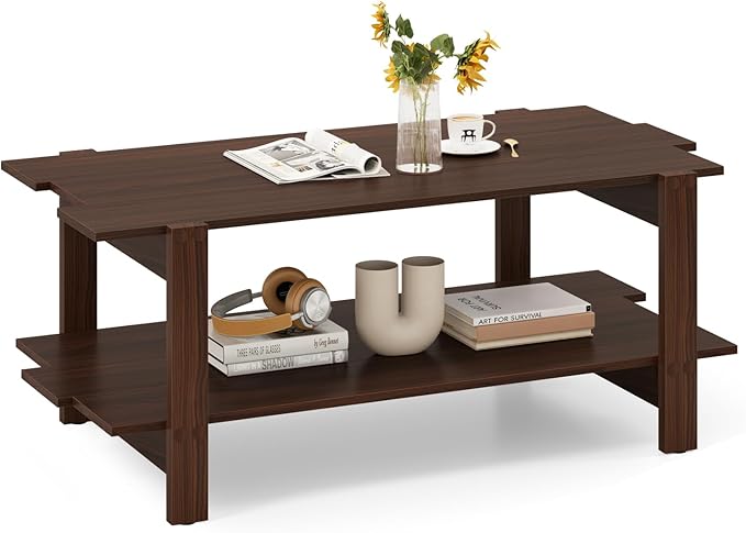Giantex Coffee Table with Storage, 45 Inch Modern Center Table with Slatted Design & Side Rail Support, Rectangular Living Room Table for Small Spaces, Walnut
