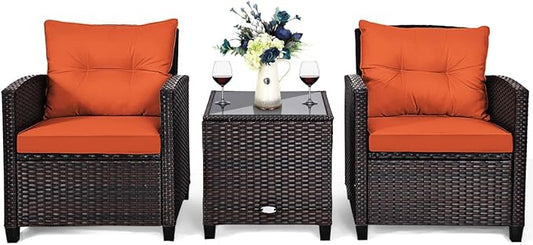 Tangkula 3 Pieces Patio Furniture Set, PE Rattan Wicker 3 Pcs Outdoor Sofa Set w/Washable Cushion and Tempered Glass Tabletop, Conversation Furniture for Garden Poolside Balcony (Orange)