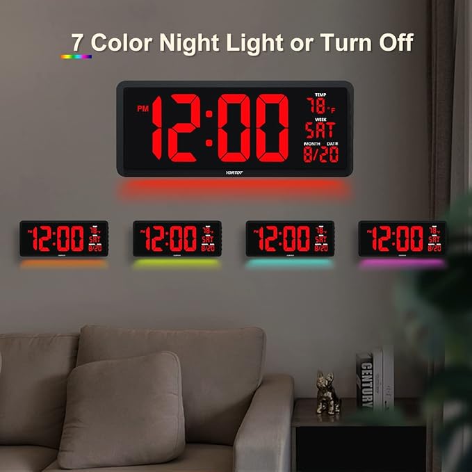 YORTOT 16β Large Digital Wall Clock with Remote Control - Adjustable Dimmer, 7 Color Night Lights, Big LED Clock with Indoor Temperature, Date, Auto DST, 12/24Hour, Wall Mount/Foldable Stand