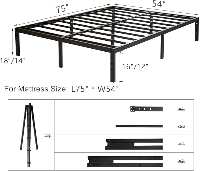 Full Size Bed Frame 18 inch Tall, 3500lbs Heavy Duty Metal Platform with Steel Slats Support, No Box Spring Needed, 18-inch Bedframe with Ample Storage, Sturdy and Noise-Free, Black
