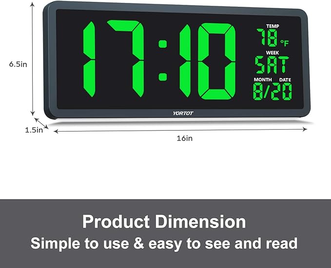 YORTOT 16β Large Digital Wall Clock with Remote Control and 7 Night Lights, 4 Level Dimmer, Super Easy to See, Big LED Clock with Indoor Temperature, Date, Perfect for Home, Office, Gym (Green)