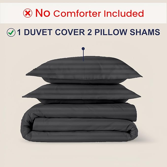 Kotton Culture 3 Pc Queen Size Duvet Cover Set- 100% Egyptian Cotton Sateen 600 TC Ultra Soft Premium Durable Comforter Cover Zipper Closure & Corner Ties (Striped Dark Grey, Queen/Full 90" X 90")