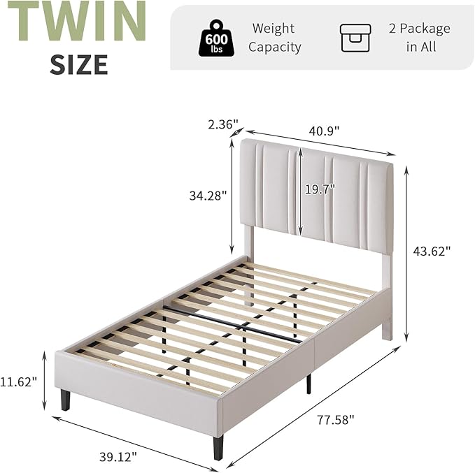 Twin Bed Frame, Upholstered Platform Bed with Button Tufted Headboard, White Bed Frame Twin Size for Kids Girls Boys, No Box Spring Required, Easy Assembly, White