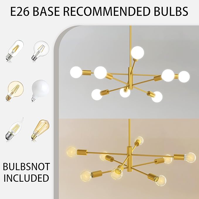 Modern Chandelier Ceiling Light Fixture, 53InchH Sputnik Chandeliers for Dining Room Hanging Light Fixtures Over Table Height Adjustable for Bedroom Kitchen Island Foyer 8-Light Gold