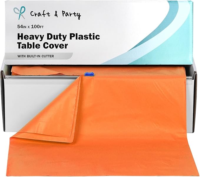 Craft And Party, 54 in x 100 feet Plastic Table Cover Roll for Party, Banquet, Picnic, Kids Activities for Any Size and Shape Table (Orange, 54" x 100ft)