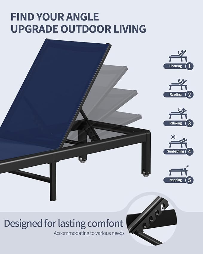 Aluminum Lounge Chairs Outdoor Chaise Furniture,2 Sets Patio Metal Deck Lounger Adjustable 5-Position Poolside Chase Recliner with Wheels for Beach,Coffee Table, (NavyBlue, 2 Chair+Table)