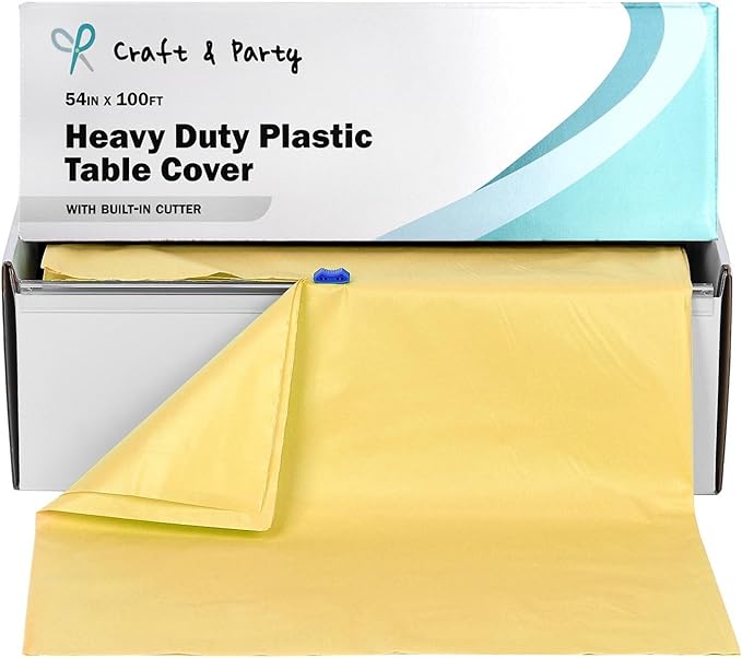 Craft And Party, 54 in x 100 feet Plastic Table Cover Roll for Party, Banquet, Picnic, Kids Activities for Any Size and Shape Table (Yellow, 54" x 100ft)