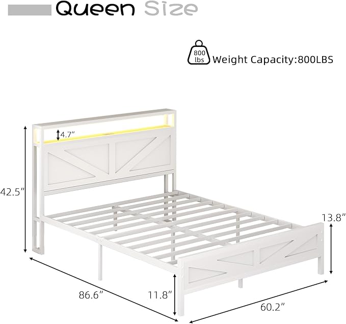 Queen Bed Frame with Headboard, Queen Bed Frames with Outlets and LED Lights, Rustic Bed Frame with Storage Headboard, Farmhouse Barn Door Design, Noise Free, No Box Spring Needed, White