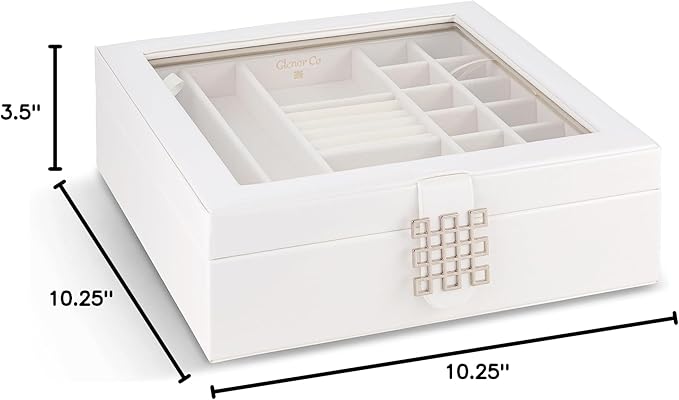 Co 28 Section Jewelry Box - 2 Layer - Buckle Snap & Magnet Closure - Large Glass Top - Leather Design - White - Jewelry Organizer for Women & Girls - for Earring Ring Necklace & Bracelet