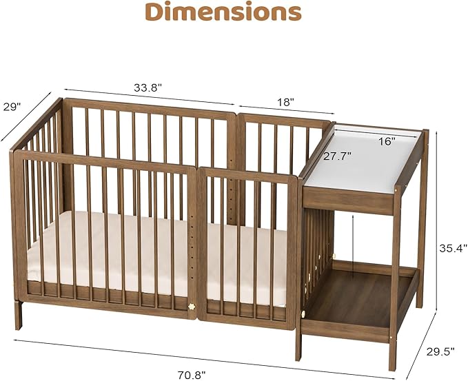 JOYMOR 8 in 1 Convertible Crib with Changer, Include 2” Mattress, Converts to Bassinet, Mid Crib, Full Size Crib, Daybed,Toddler Bed and Playard (Crib with Changer, Honey Wood)