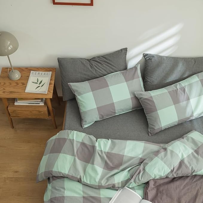 FACE TWO FACE Bedding Duvet Cover Set100% Washed Cotton Duvet Cover Linen Like Textured Breathable Durable Soft Comfy (Queen, Light Green Grid)