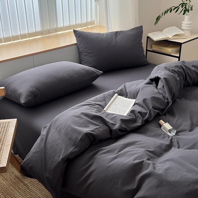 FACE TWO FACE Bedding Duvet Cover Set100% Washed Cotton Duvet Cover Linen Like Textured Breathable Durable Soft Comfy (California King, Volcanic Black)