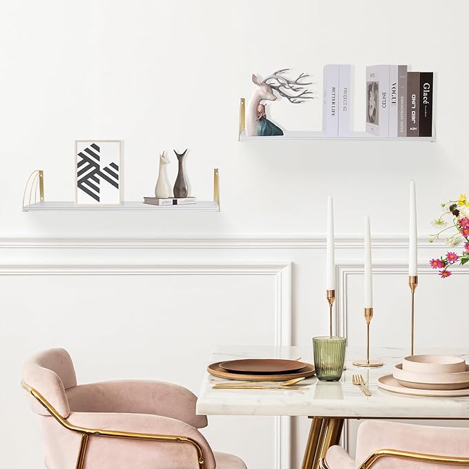 White Wall Bookshelf Pine Wood Large 31.5×7.87 Inch White and Gold Floating Shelves with Elegant Lines,Floating Book Shelves for Wall,White Gold Shelves,Floating Bookshelves Set of 2.