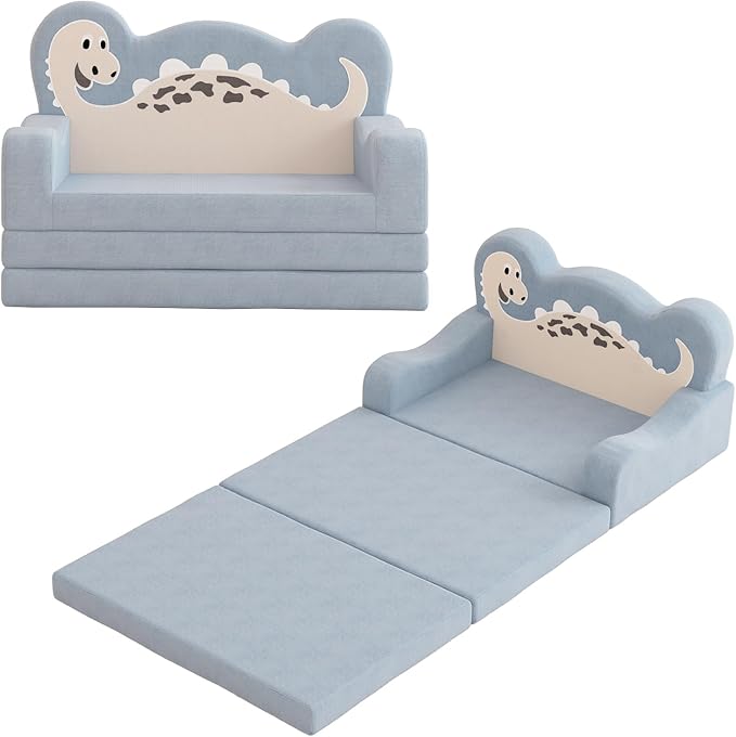 2-in-1 Kids Couch Fold Out, Convertible Toddler Couch to Lounger, Toddler Chair Comfy, Kids Sofa for Girls and Boys, Gift for Birthday, Children's Day, Dinosaur Blue