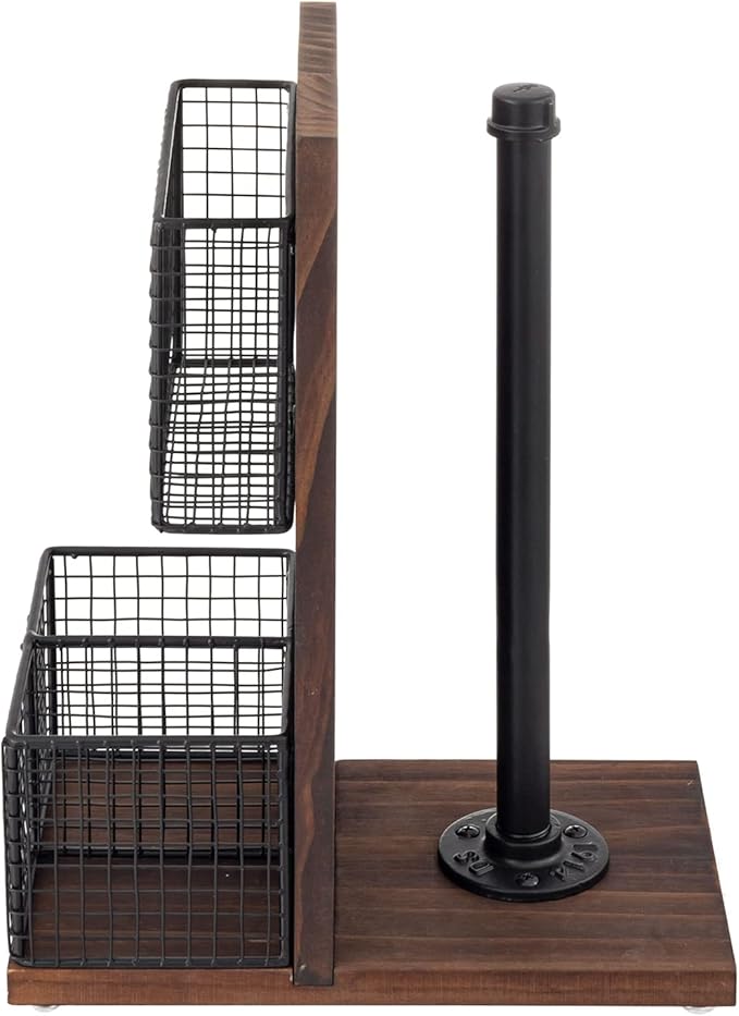 MyGift 3-in-1 Kitchen Organizer with Paper Towel Holder, Napkin Holder & Spice Rack - Rustic Wood & Industrial Metal Pipe Caddy for Farmhouse Dining Table
