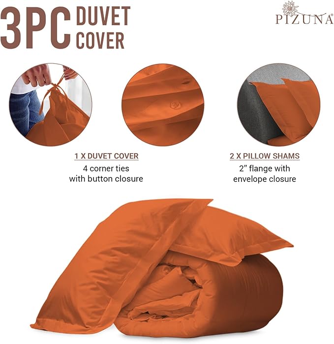 Pizuna Pure 100% Cotton Queen Duvet Cover Set, Luxurious 400 Thread Count Long Staple Cotton Sateen Weave with Button Closure (Combed Burnt Orange Cotton Duvet Cover Queen)