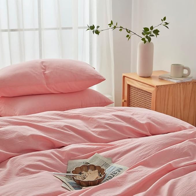 FACE TWO FACE Bedding Duvet Cover Set100% Washed Cotton Duvet Cover Linen Like Textured Breathable Durable Soft Comfy (Full, Light Pink)