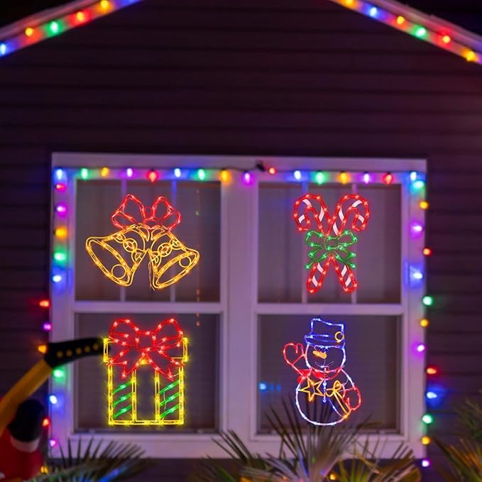 Christmas Decorations - 16" Christmas Window Silhouette Lights - 4 Pack Colour Lighted Gift Box & Snowman & Candy Cane & Bell for Holiday Indoor and Outdoor Wall Door Window Decorate
