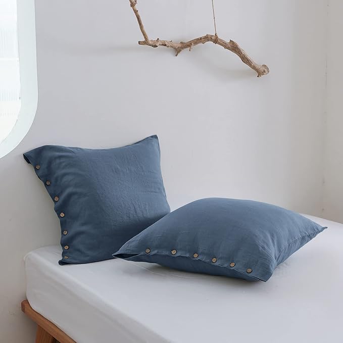 Simple&Opulence 100% Washed Linen Euro Sham Cover, 26 x 26 Inch, Decorative Bed Pillow Cover with Coconut Button, Solid Color Pillow Shams Set of 2 (Classic Blue)