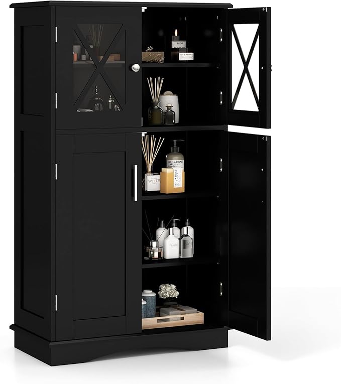 Tangkula Freestanding Floor Cabinet w/2 Glass Doors, 3-Level Adjustable Shelves, Anti-toppling Design, Kitchen Pantry Cupboard for Bathroom, Living Room (Black)
