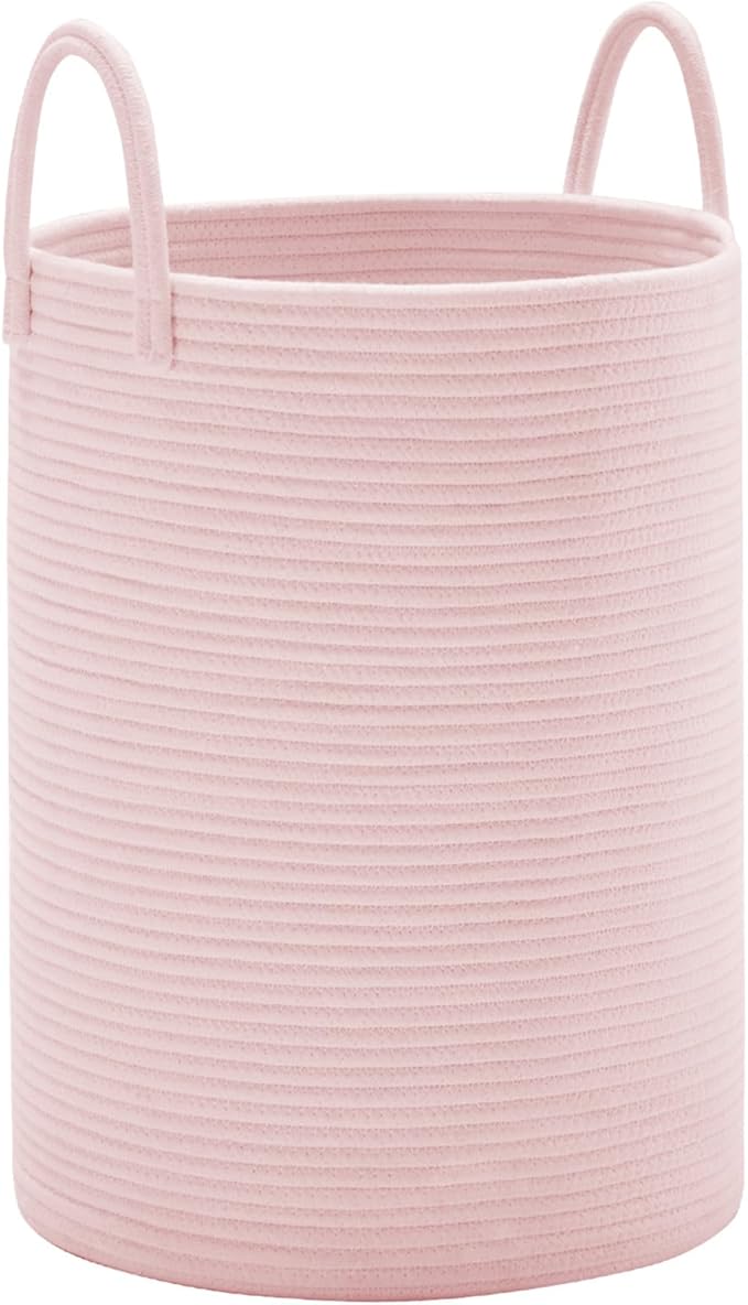 Woven Rope Laundry Hamper, 58L Tall Luandry Basket, Baby Nursery Hamper for Blanket Storage in Bedroom-Large-Pink