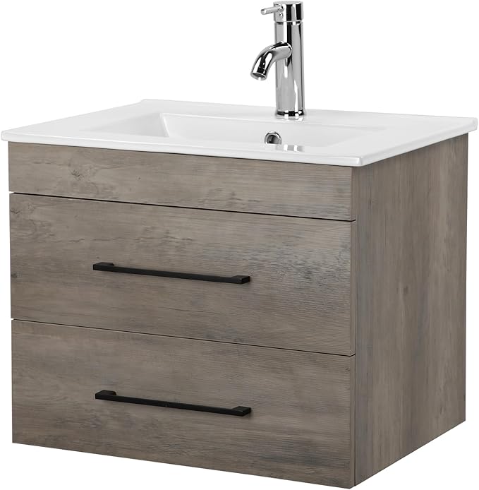 Goujxcy 24" Wall Mounted Bathroom Vanity with Sink, Modern Floating Bathroom Cabinet with Ceramic Sink & Double Drawers, Wood Hanging Bath Room Cabinet with Soft-Close System (Grey)
