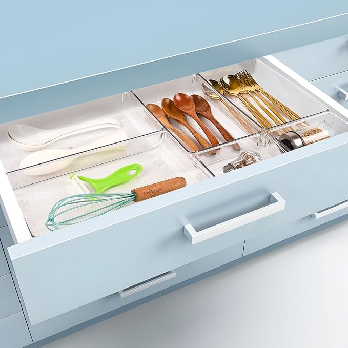 3 PCS Large Drawer Organizer, 3Sizes Plastic Versatile Desk Drawer Organizer Trays with Non-Slip Silicone Pads, Storage Bins for Makeup, Office, Kitchen Gadgets Utensils, Bedroom, Tools, Bathroom