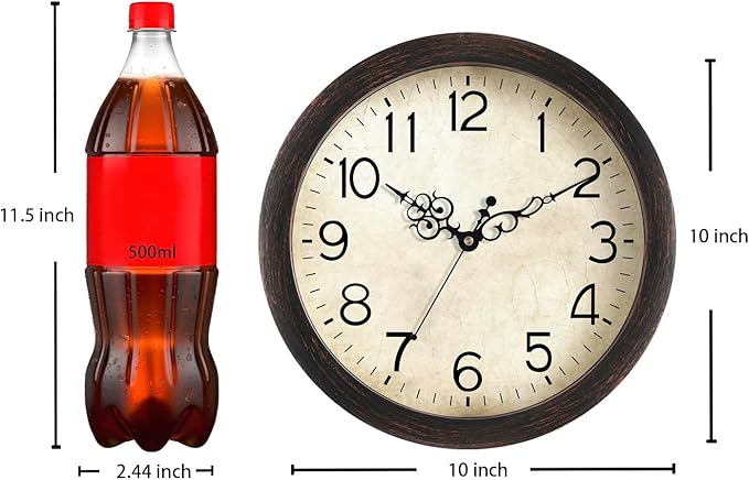 Wall Clock 10 Inch Vintage Wall Clocks Battery Operated Quartz Silent Non-Ticking Retro Rustic Style Clock Decorative for Kitchen,Bathroom, Living Room, Home Office (Bronze)