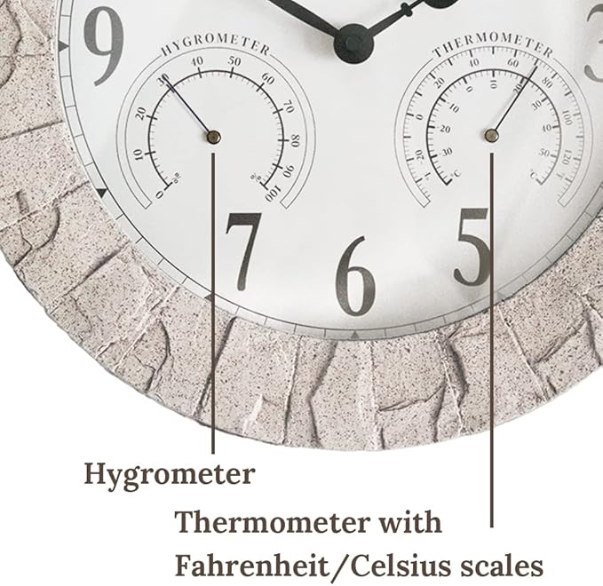Presentime & Co Sandstone Outdoor Clock with Thermometer & Hygrometer as All in one Weather Station, 14", Coastal Sandstone Finish. Weather Thermometer, Outdoor Décor, Wall Décor.