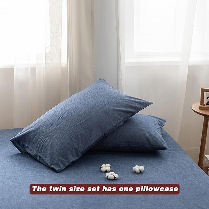 FACE TWO FACE Bedding Duvet Cover Set100% Washed Cotton Duvet Cover Linen Like Textured Breathable Durable Soft Comfy(Twin, Navy Blue)