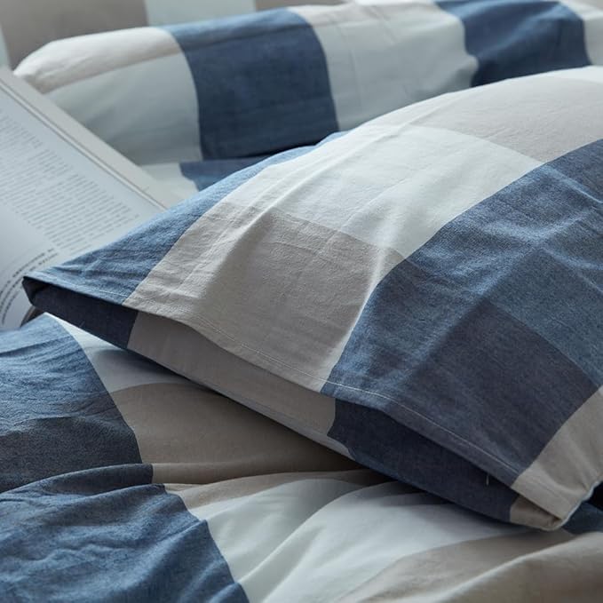 FACE TWO FACE Bedding Duvet Cover Set100% Washed Cotton Duvet Cover Linen Like Textured Breathable Durable Soft Comfy (Full, Blue and White Grid)