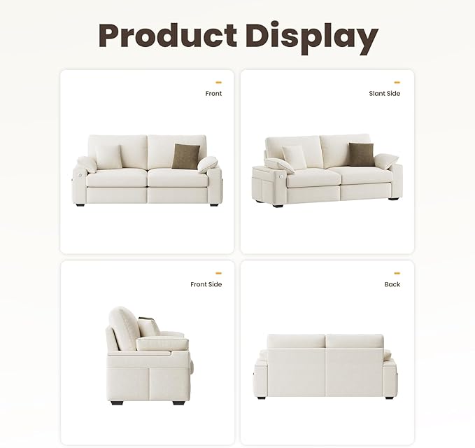 76" Loveseat Sofa, Cloud Foam Couch, 3 Seater Upholstered Midcentury Mondern Love Seat with USB Type C Ports, 4 Pillows and Flip-Open Storage Armrest for Living Room/Small Spaces, Beige