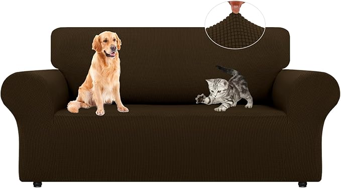 LURKA Stretch Loveseat Sofa Slipcovers 1 Piece Couch Covers for Sofa Furniture Protector Full Sofa Covers with Elastic Bottom for Kids and Dog (Brown, Medium)