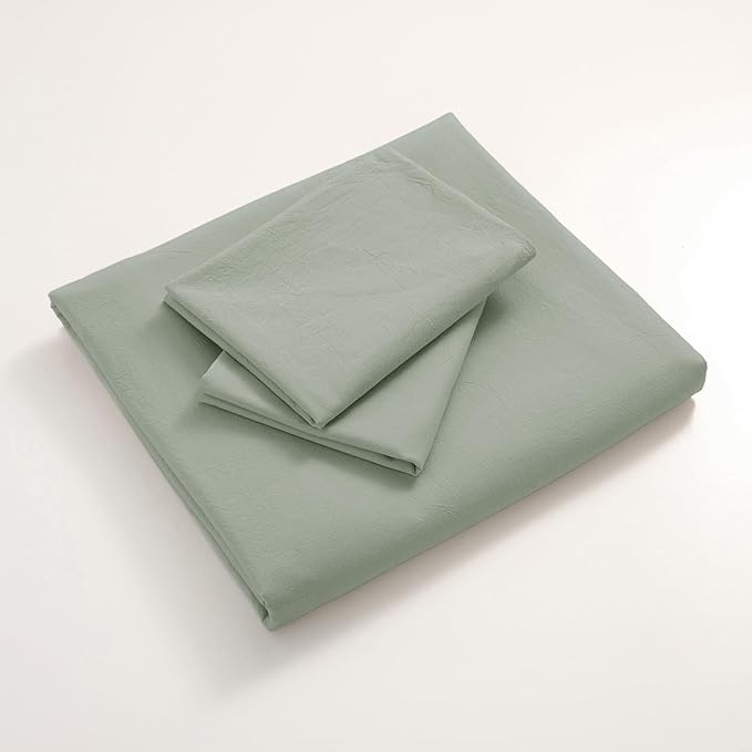 JIYUAN 100% Washed Cotton Duvet Cover Set 3 Pieces Super Queen, 1 Duvet Cover 90x98 Inches(Comforter Not Included) and 2 Pillowcases,Linen Feel Bedding Set Comfy and Breathable, Heathered Sage Green