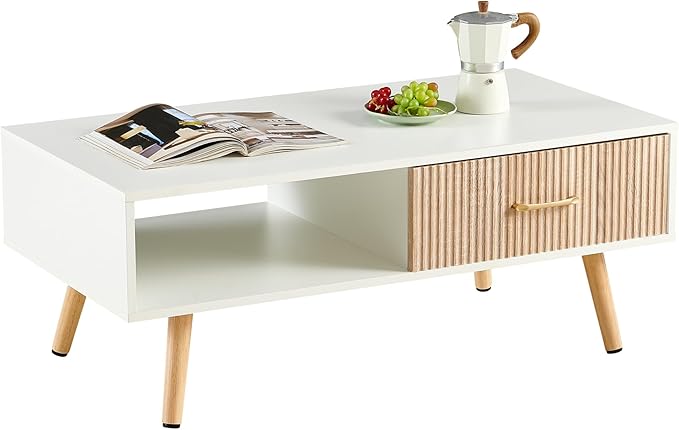 Mid Century Wooden Coffee Table with Stripe Drawer,Modern 41" Large Center Table with Storage,Rectangular White Coffee Tables for Living Room, 2-Tier Cocktail Table, Solid Wood Legs