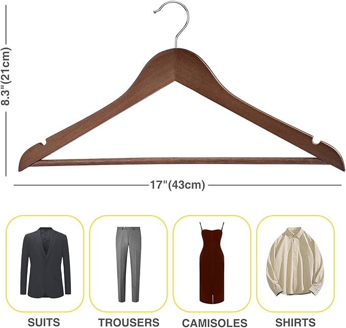 Wooden Hangers - 30 Pack - Clothes Hanger for Daily Used,Heavy Duty Wood Hangers with Precisely Cut Notches,Coat Hanger for Closet, Clothes Hangers for Shirt Suit Dress (Walnut)