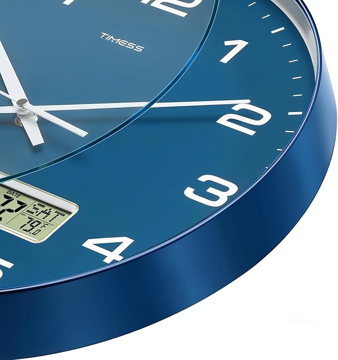Wall Clock, 10" Dial Non-Ticking Silent Battery Operated Analog with LCD Display for Perpetual Calendar and F° Temperature, Ideal Modern Home, Bedroom, Kitchen, Office Decor (Blue)