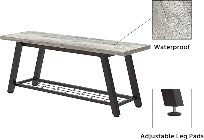 Grey Storage Bench Industrial Rustic Wooden and Metal Entryway Shoe Boots Storage Rack Long Bench Seat for Hallway Bedroom Rustic Farmhouse Style