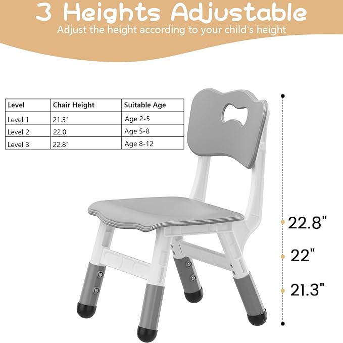 Kids Chair, 3 Level Height Adjustable Kid Chair, Plastic Toddler Chairs for Children Boys Girls Age 2-6, Suitable for Home Family Classroom Nursery Indoor Use (2 Pack, Grey)