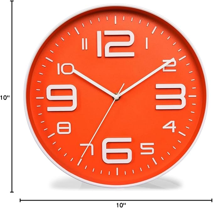 Zaoniy Non-Ticking Silent Quartz Wall Clock with Big 3D Number Modern Design Quiet Sweep Movement Indoor Decorative for Living Room Kitchen Wall Clocks Battery Operated 10-Inch (Orange)