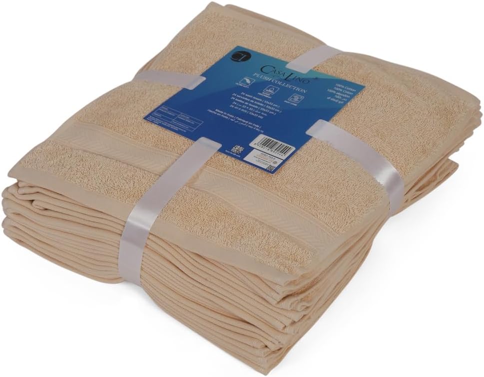 Casa Lino Face Towels & Body Wash Cloths for Showering - 100% Cotton Wash Cloths for Bathroom - Highly Absorbent & Quick Drying Washcloth Set - Cotton Washcloths 24 Pack (12" x 12") - (Linen Brown)
