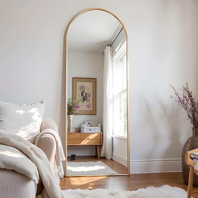 OGCAU Full Length Mirror, 58"x18" Arched Full Body Hanging, Leaning or Standing Floor Mirror, Wall Mounted for Bedroom Living Room with Aluminum Frame, Gold