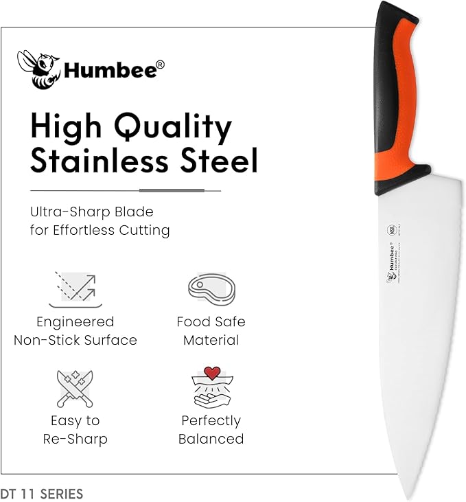 10 Inch Professional Chef Knife with Ergonomic Handle – NSF Certified Stainless Steel Kitchen Knife, Serrated Wave Teeth, Durable and Sharp Blade, DT 11 Series, Orange