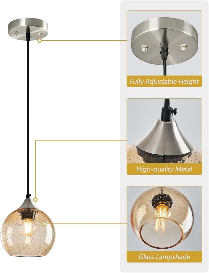 Light Brown Glass Pendant Lights Kitchen Island Globe Pendant Light Fixtures Modern Pendant Lighting for Bedroom Living Dining Room Light Fixture (5.9 in, 3 Pack)