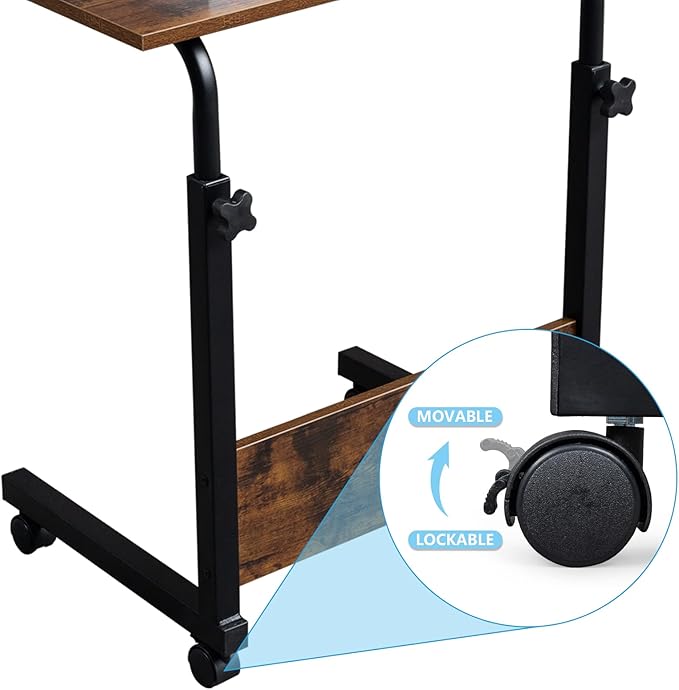 Goujxcy Sofa Side Table C Shaped End Table with Wheels, Rolling Bedside Laptop Table Snack Table TV Tray, Height Adjustable, Wooden Top & Metal Frame