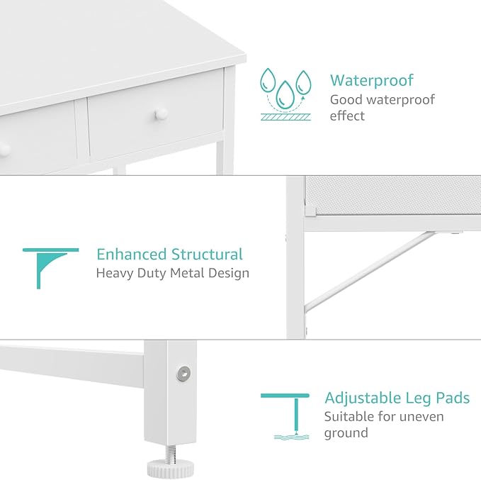 Lufeiya 47 Inch White Computer Desk with Fabric Drawers for Home Office Bedroom, Vanity Desk with Drawer Storage and Side Pouch, Study Writing Table, White