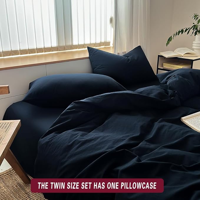 FACE TWO FACE Bedding Duvet Cover Set100% Washed Cotton Duvet Cover Linen Like Textured Breathable Durable Soft Comfy (Twin, Tibetan Blue)